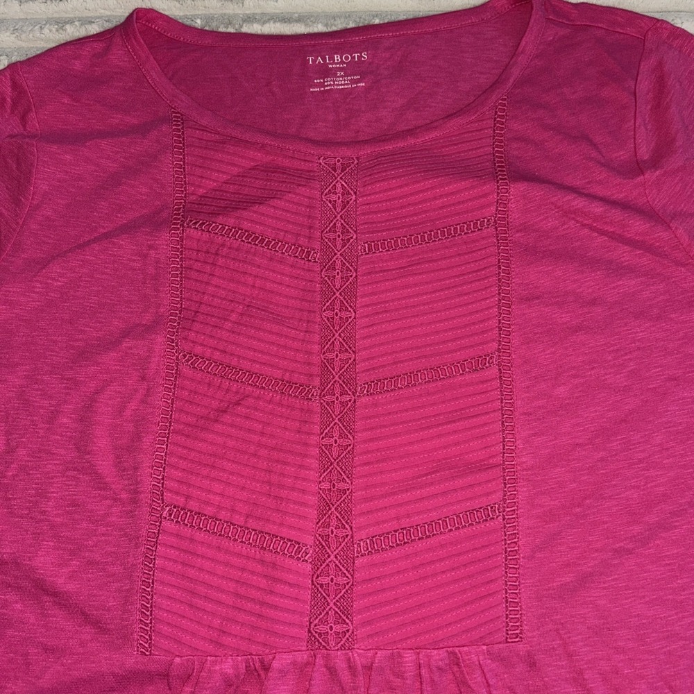 TALBOTS Eyelet‎ Neck Crewneck Tee Pink Cotton Lace Short Sleeve  2X NWT $44.50 - Picture 6 of 7